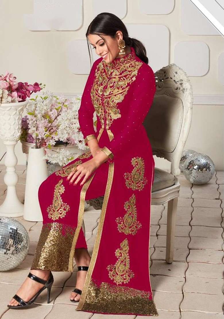 Rani Pink Embroidered Georgette Anarkali Set - Indya
