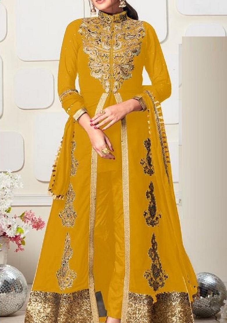 Yellow Embroidered Georgette Anarkali Gown Set