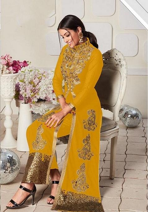 Yellow Embroidered Georgette Anarkali Gown Set