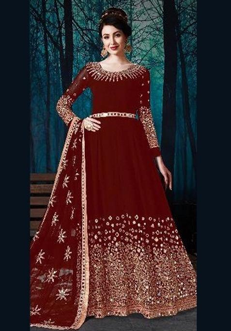 Maroon Embroidered Georgette Anarkali Gown Set