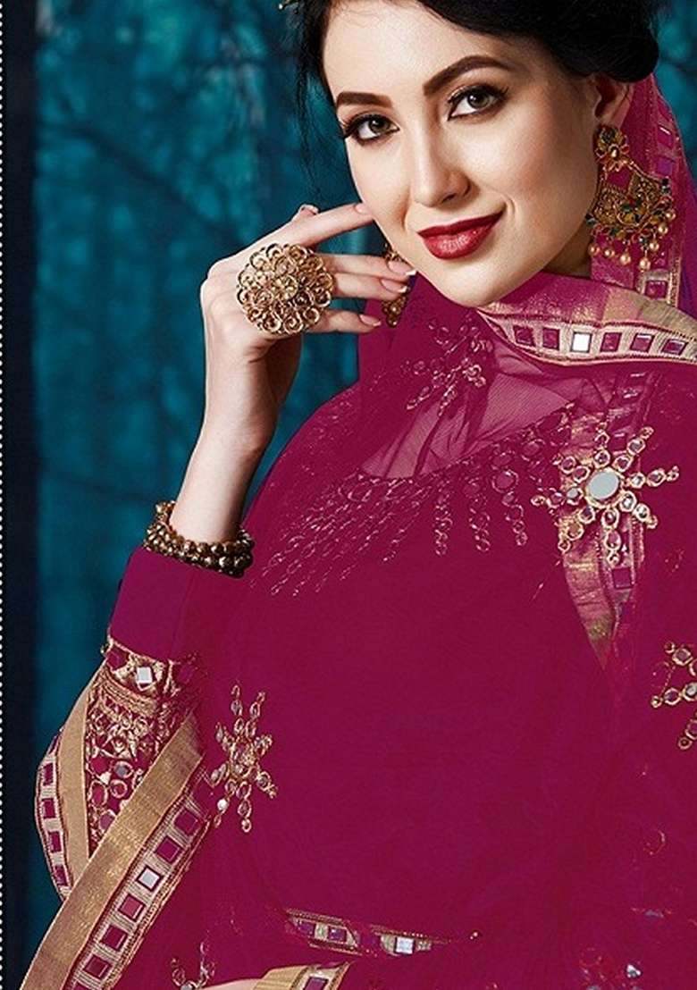Rani Pink Embroidered Georgette Anarkali Gown Set - Indya