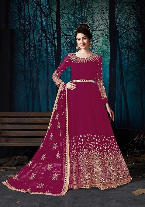 Rani Pink Embroidered Georgette Anarkali Gown Set