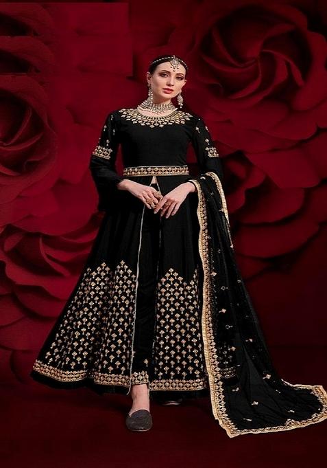 Black Embroidered Georgette Anarkali Gown Set