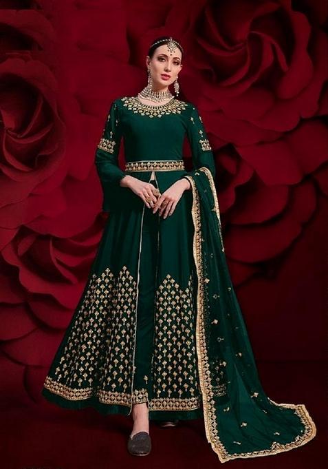 Green Embroidered Georgette Anarkali Gown Set