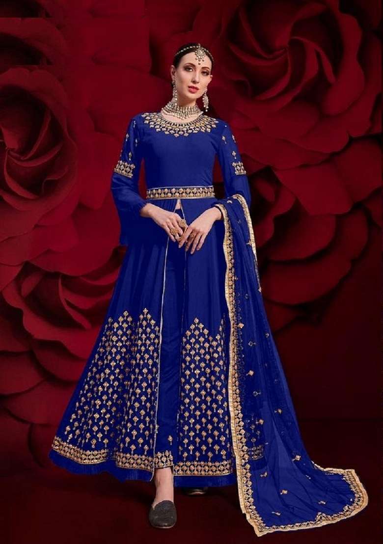 Blue Embroidered Georgette Anarkali Set - Indya