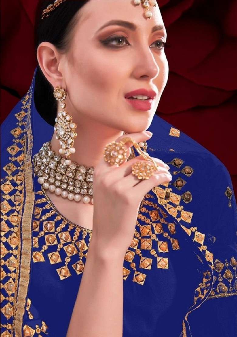 Blue Embroidered Georgette Anarkali Set - Indya