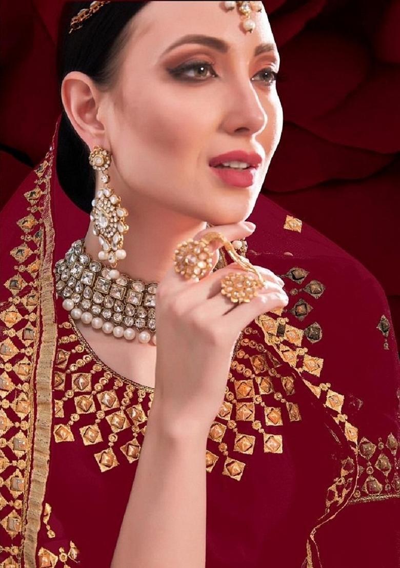 Maroon Embroidered Georgette Anarkali Gown Set