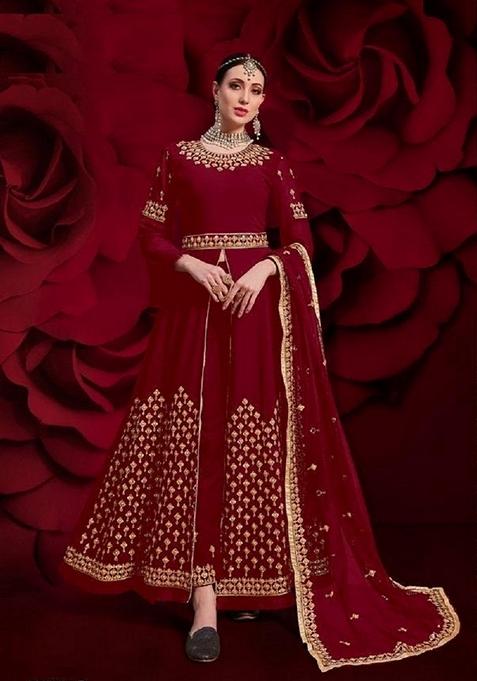 Maroon Embroidered Georgette Anarkali Gown Set