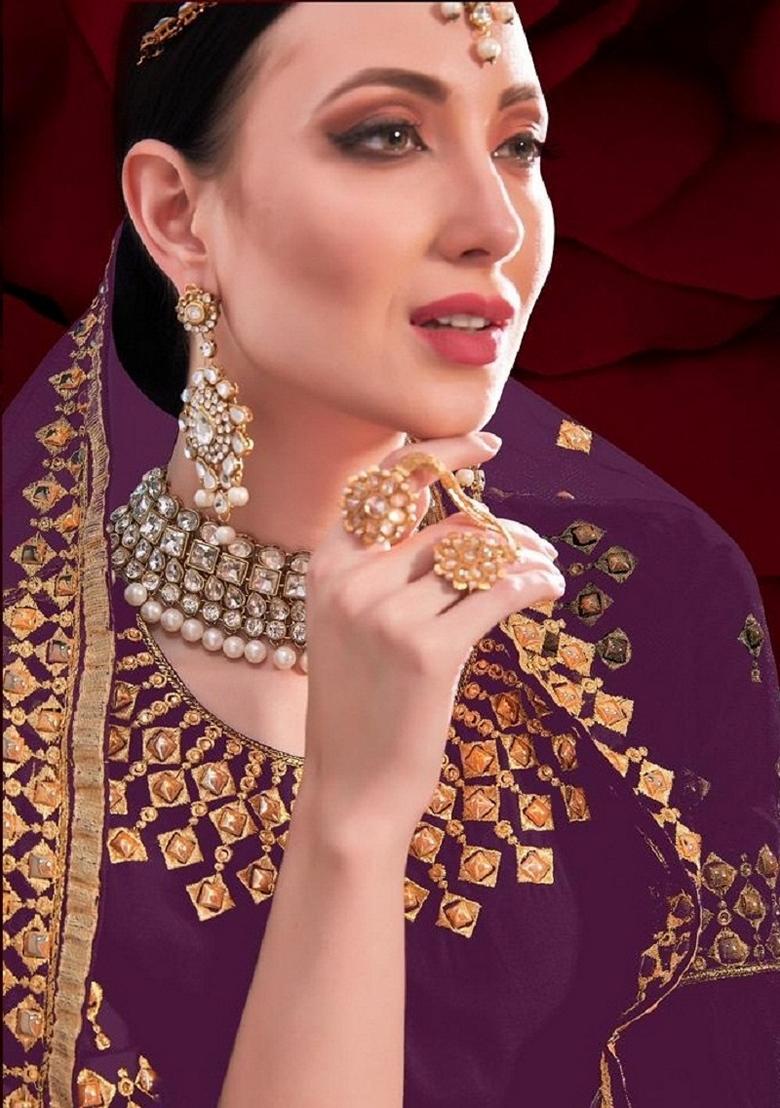 Wine Embroidered Georgette Anarkali Gown Set