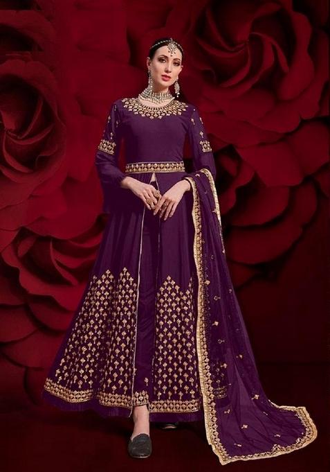 Wine Embroidered Georgette Anarkali Gown Set