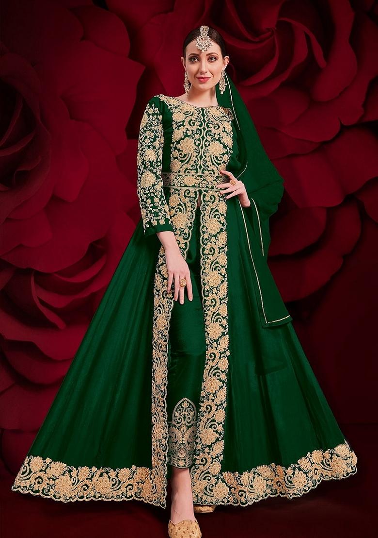 Green Embroidered Georgette Anarkali Gown Set - Indya