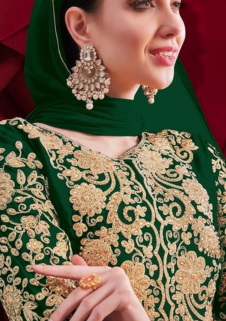 Green Embroidered Georgette Anarkali Gown Set - Indya
