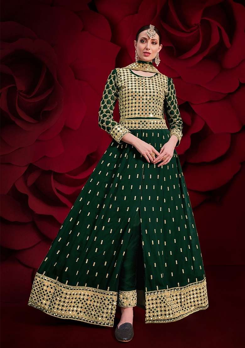 Green Embroidered Georgette Anarkali Gown Set - Indya
