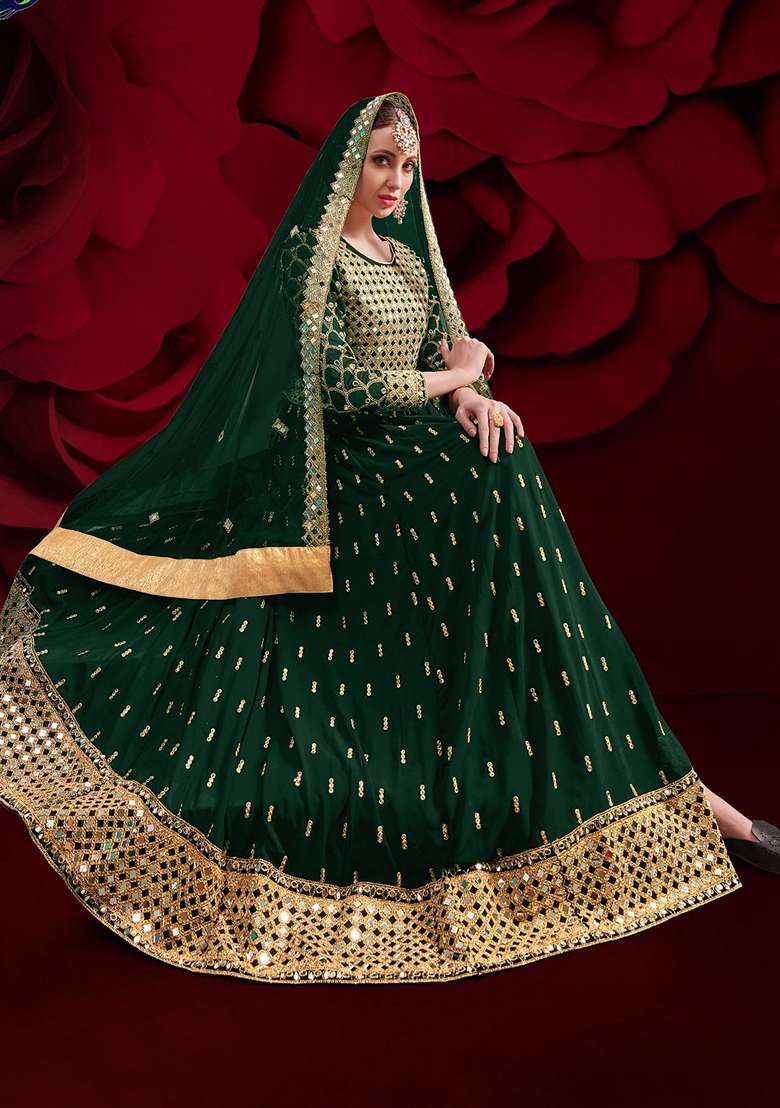 Green Embroidered Georgette Anarkali Gown Set - Indya