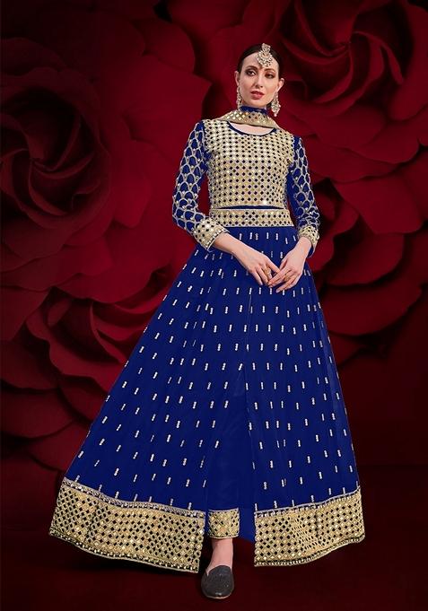 Blue Embroidered Georgette Anarkali Gown Set