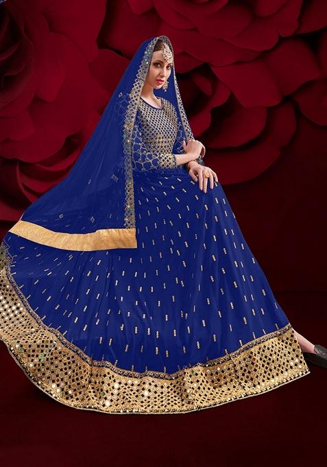 Blue Embroidered Georgette Anarkali Gown Set
