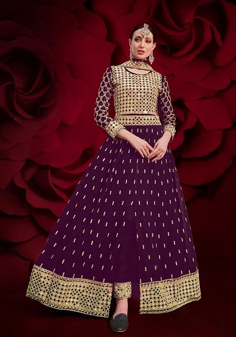 Wine Embroidered Georgette Anarkali Gown Set