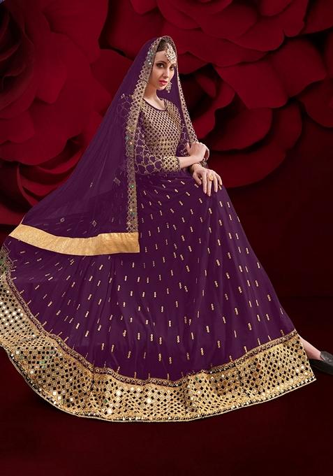 Wine Embroidered Georgette Anarkali Gown Set