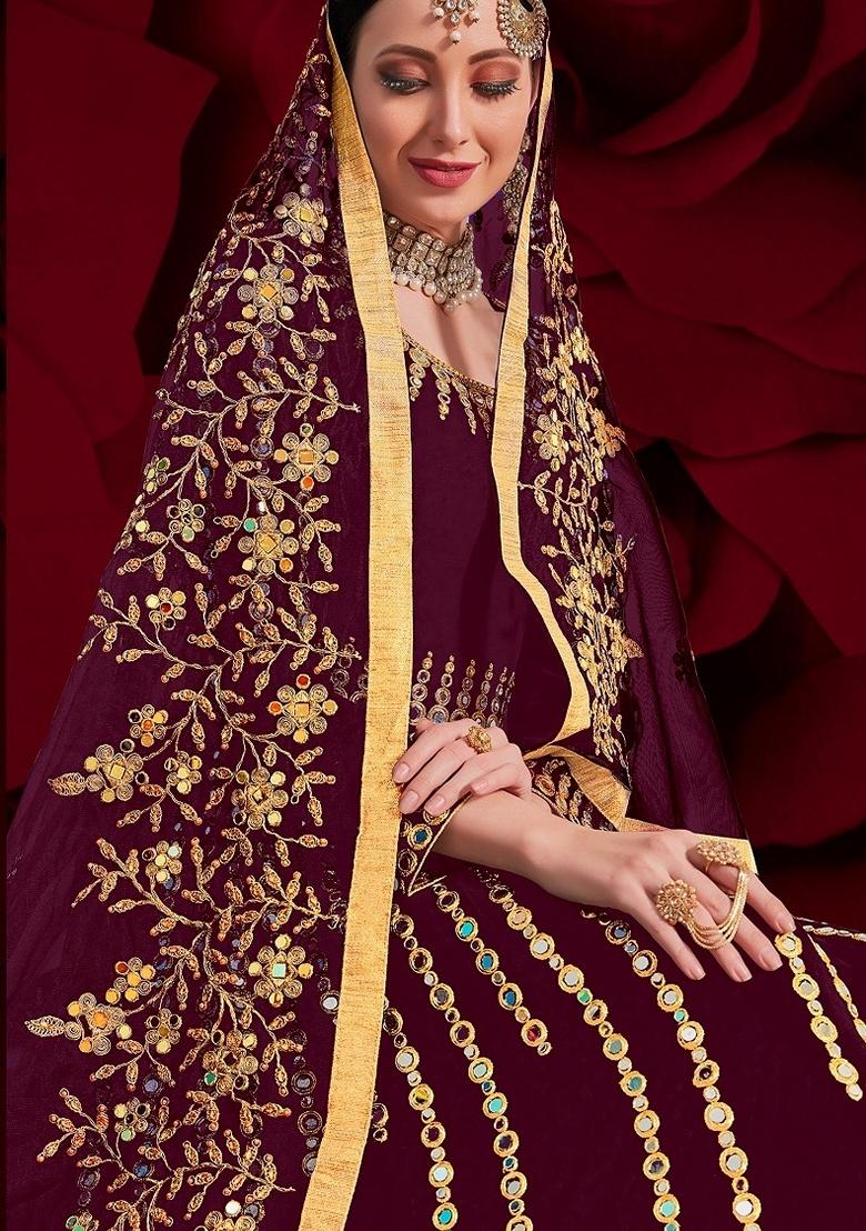 Magenta Embroidered Georgette Anarkali Gown Set