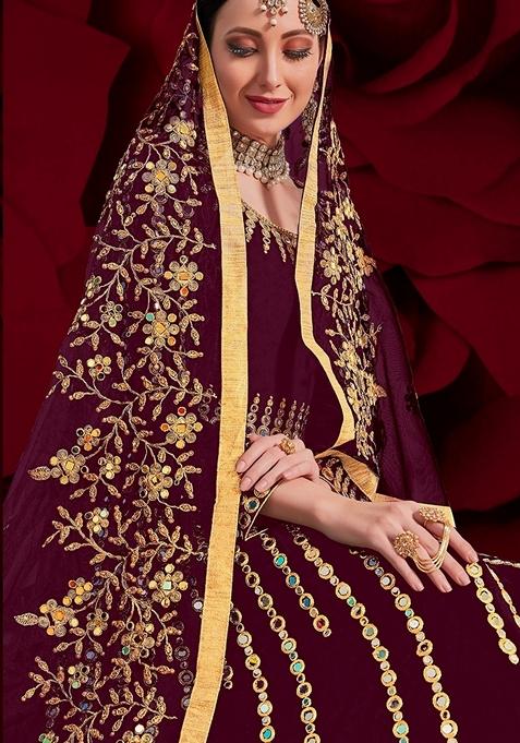 Magenta Embroidered Georgette Anarkali Gown Set