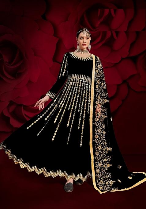 Black Embroidered Georgette Anarkali Gown Set