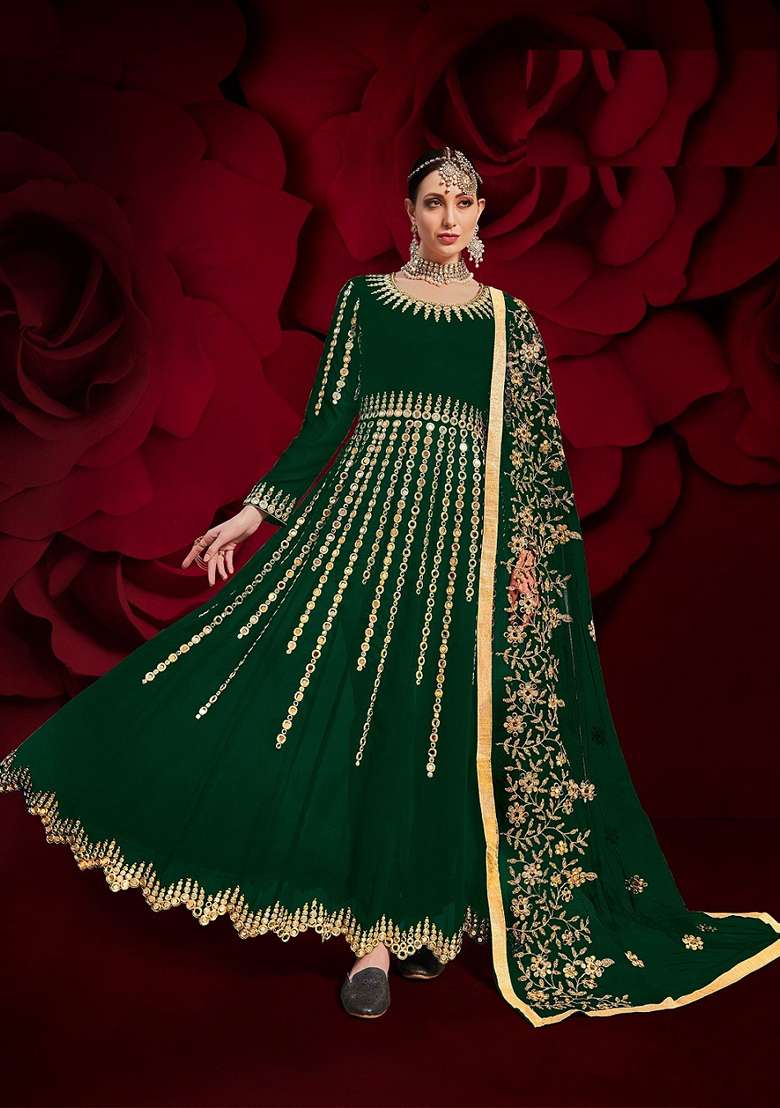 Green Embroidered Georgette Anarkali Gown Set - Indya