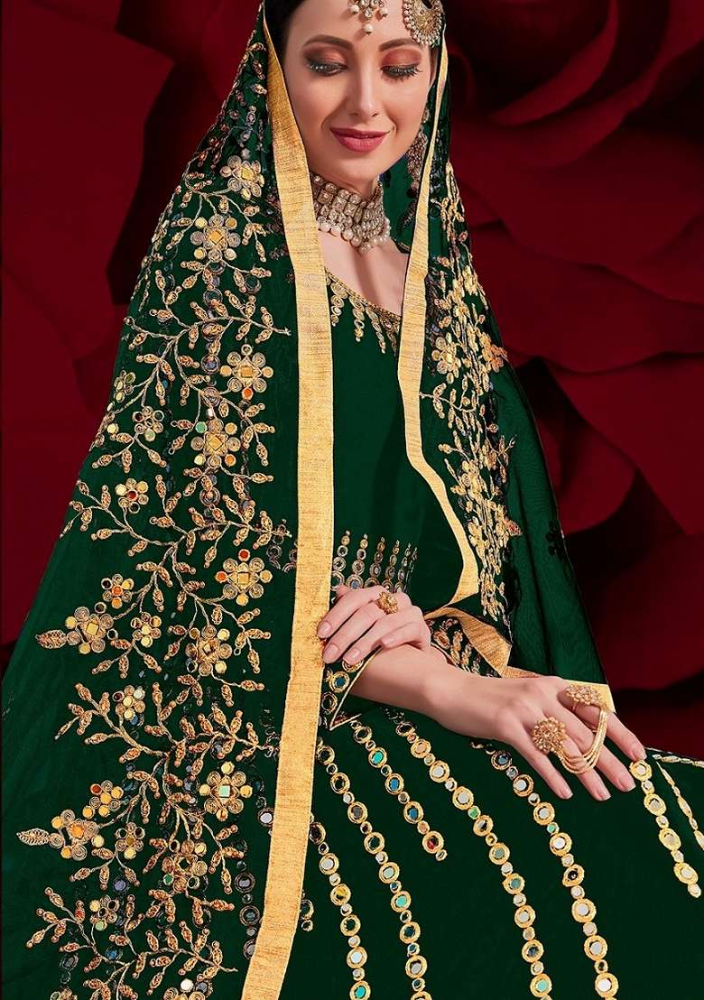 Green Embroidered Georgette Anarkali Gown Set - Indya