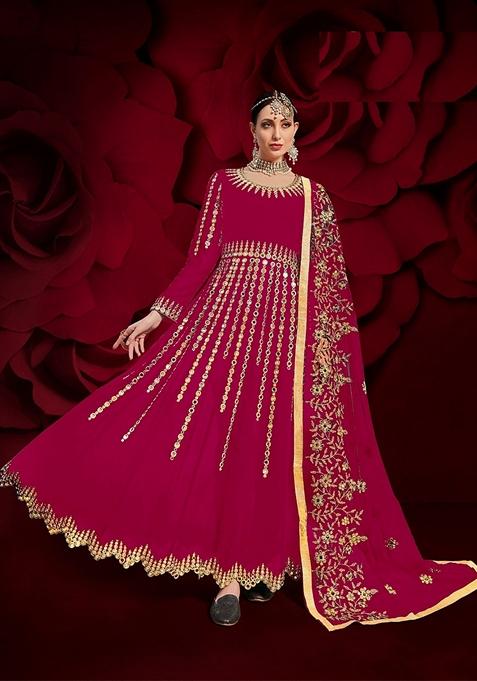 Rani Pink Embroidered Georgette Anarkali Gown Set