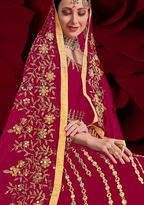 Rani Pink Embroidered Georgette Anarkali Gown Set