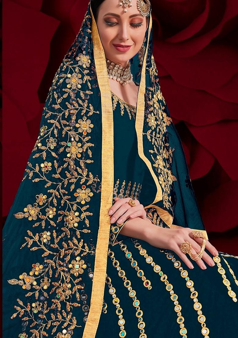 Rama Blue Embroidered Georgette Anarkali Gown Set