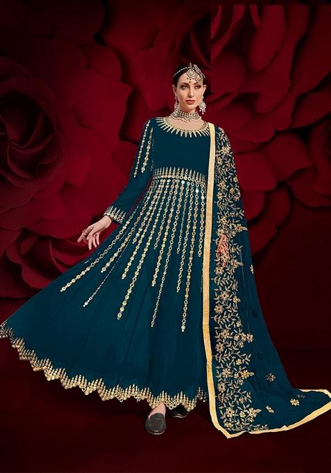 Rama Blue Embroidered Georgette Anarkali Gown Set