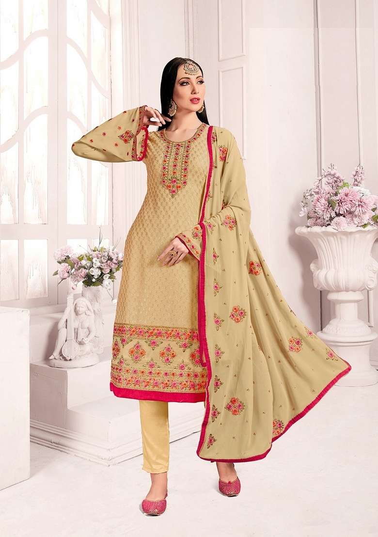 Beige Embroidered Georgette Pakistani Suit Set - Indya