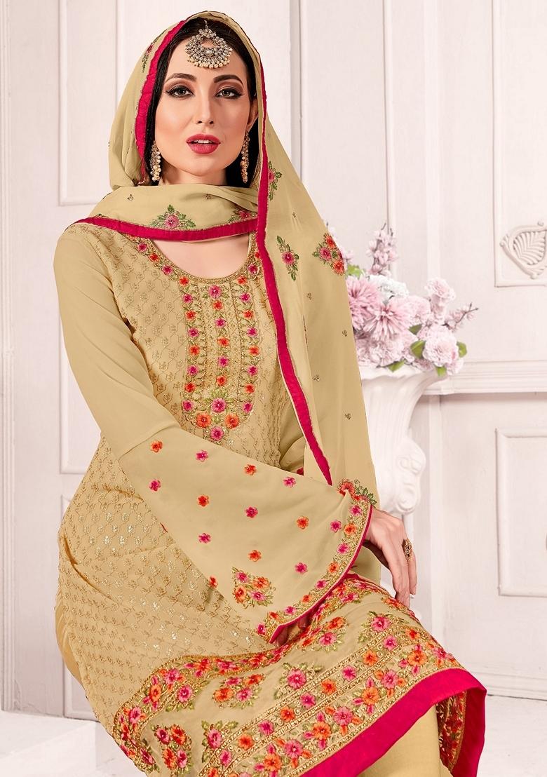 Beige Embroidered Georgette Kurta Set - Indya