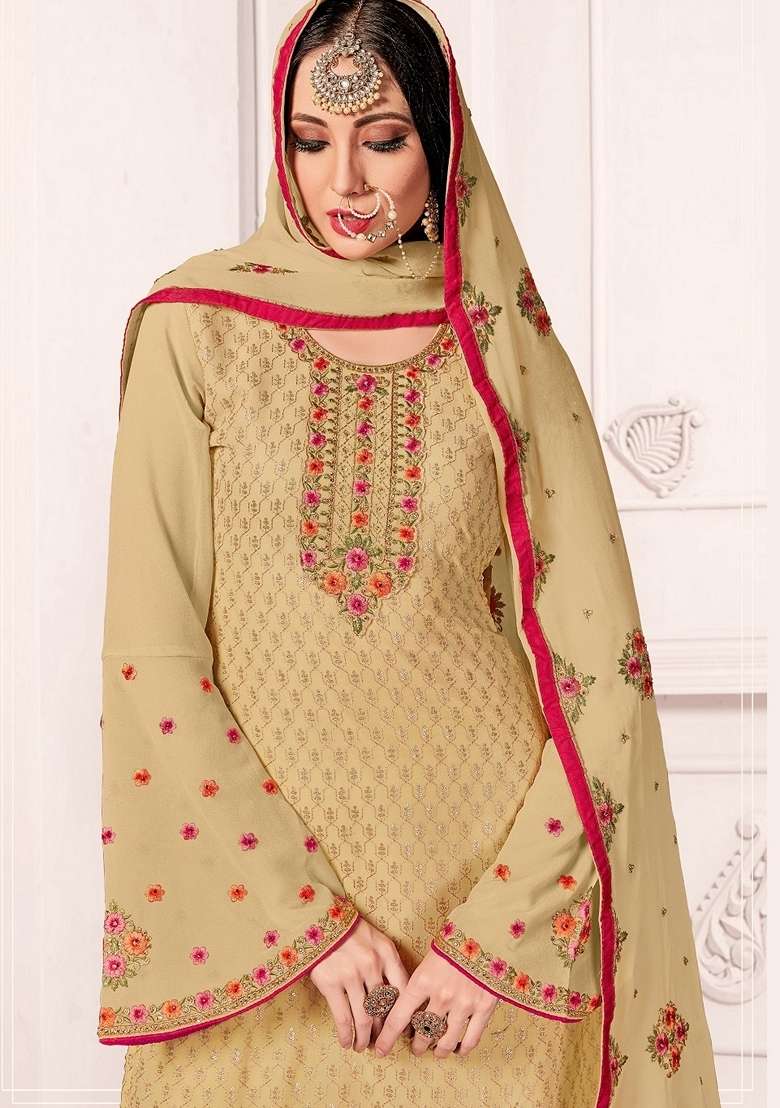 Beige Embroidered Georgette Pakistani Suit Set - Indya