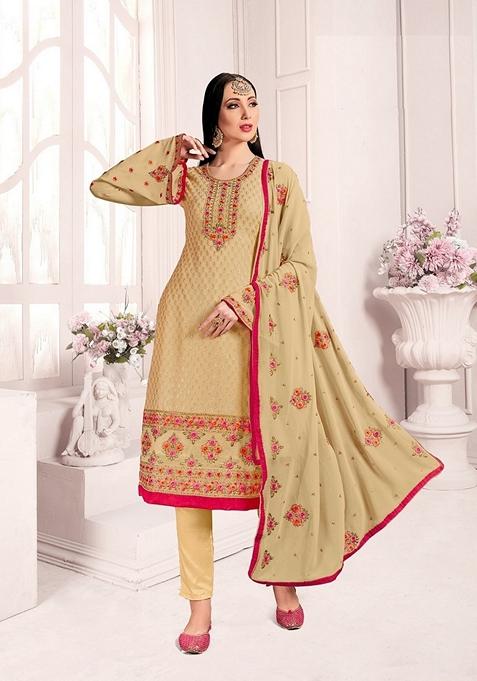 Beige Embroidered Georgette Kurta Set