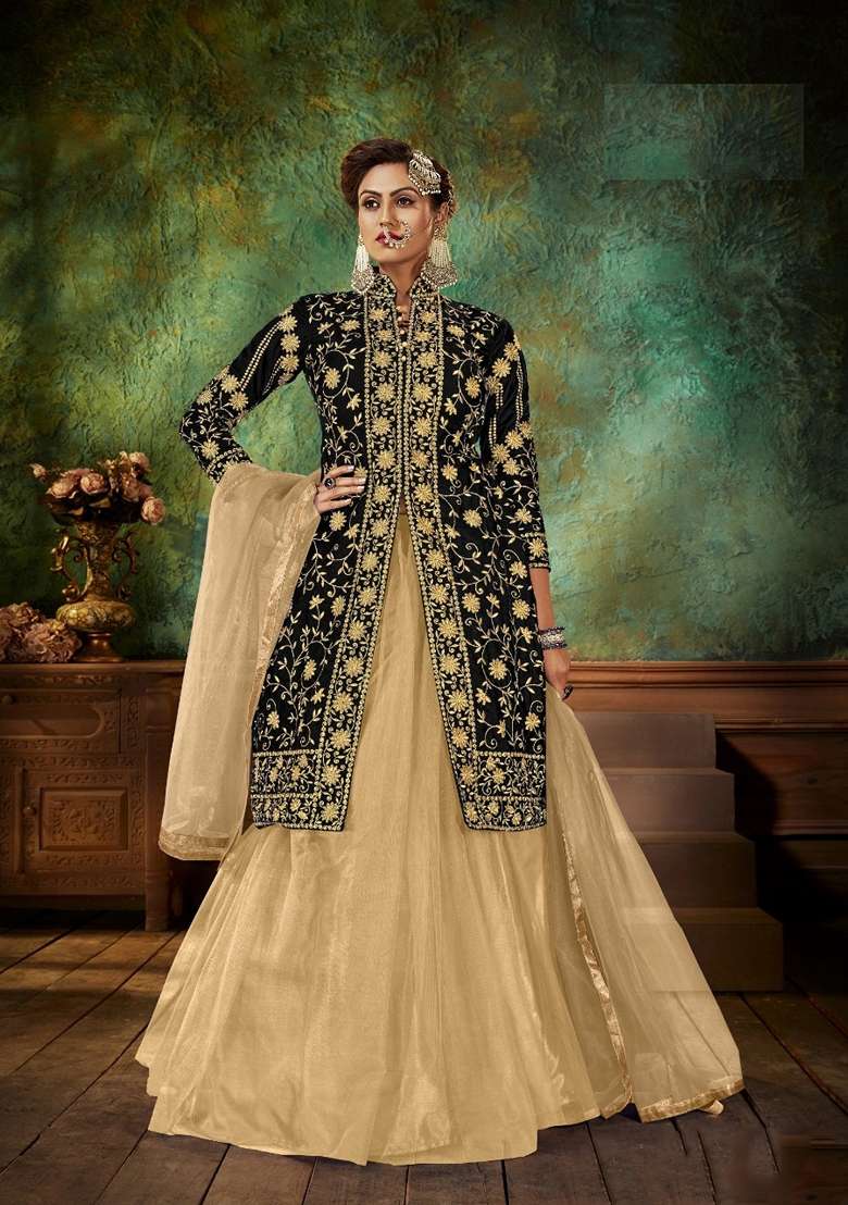 Black Embroidered Velvet Anarkali Set - Indya