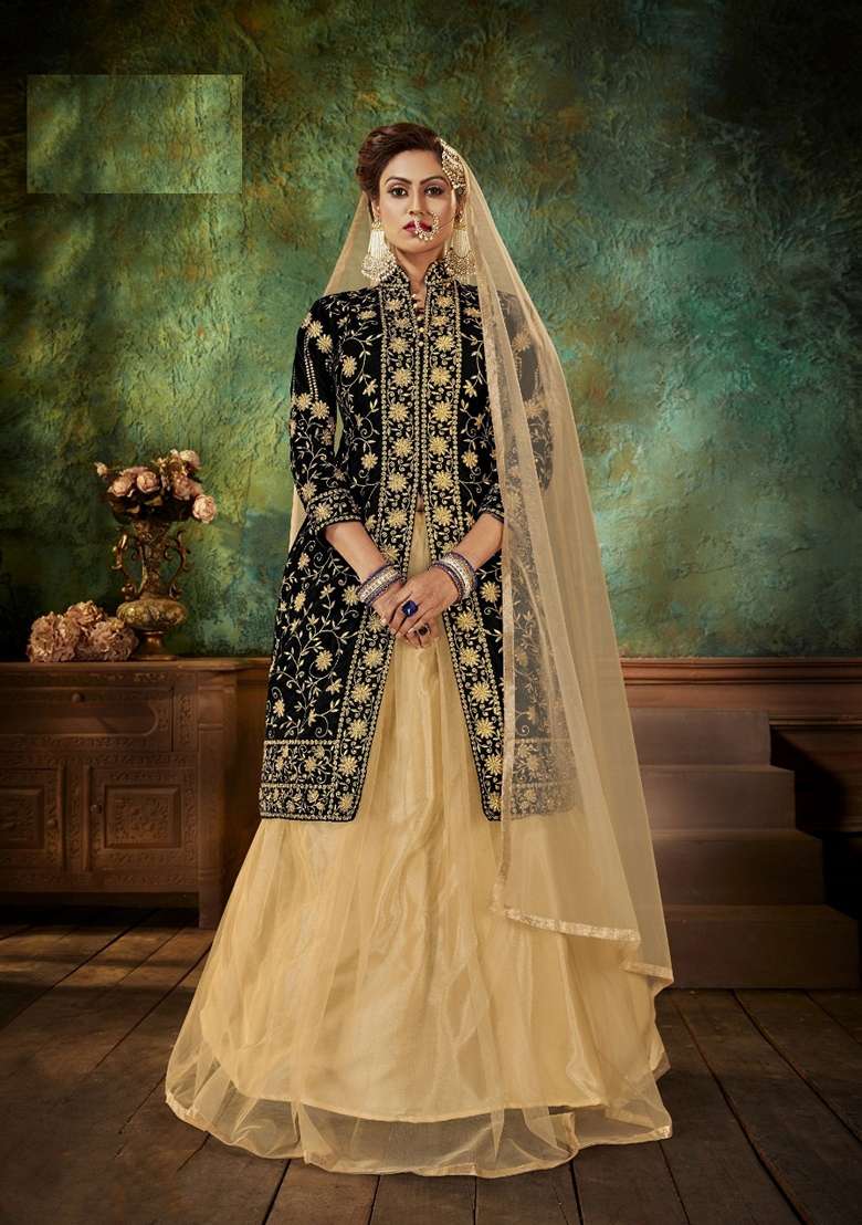 Black Embroidered Velvet Anarkali Set - Indya