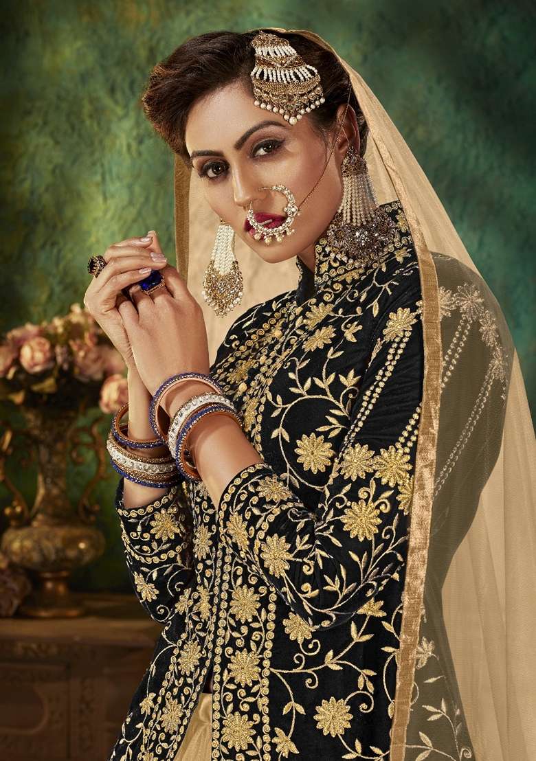 Black Embroidered Velvet Anarkali Set - Indya