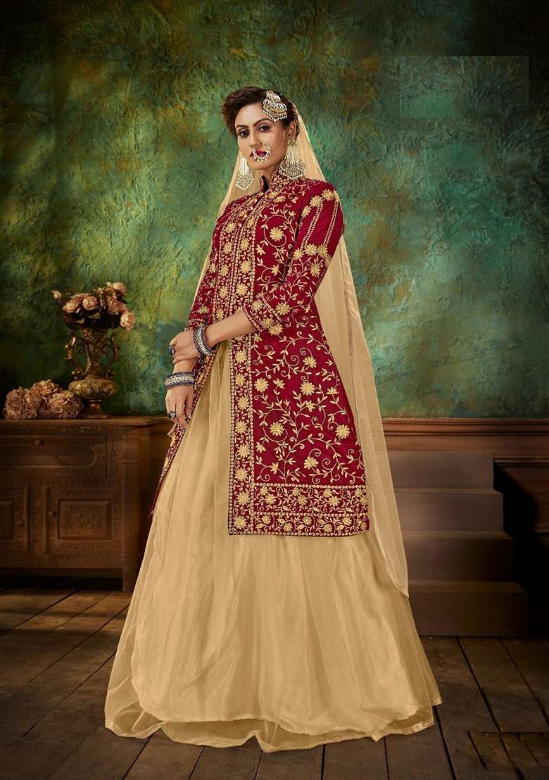 Maroon Embroidered Velvet Sharara Set - Indya