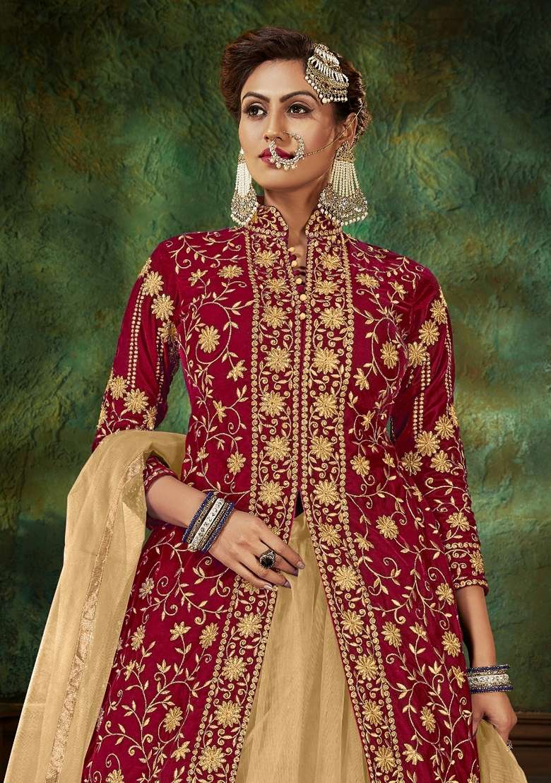 Maroon Embroidered Velvet Sharara Set - Indya