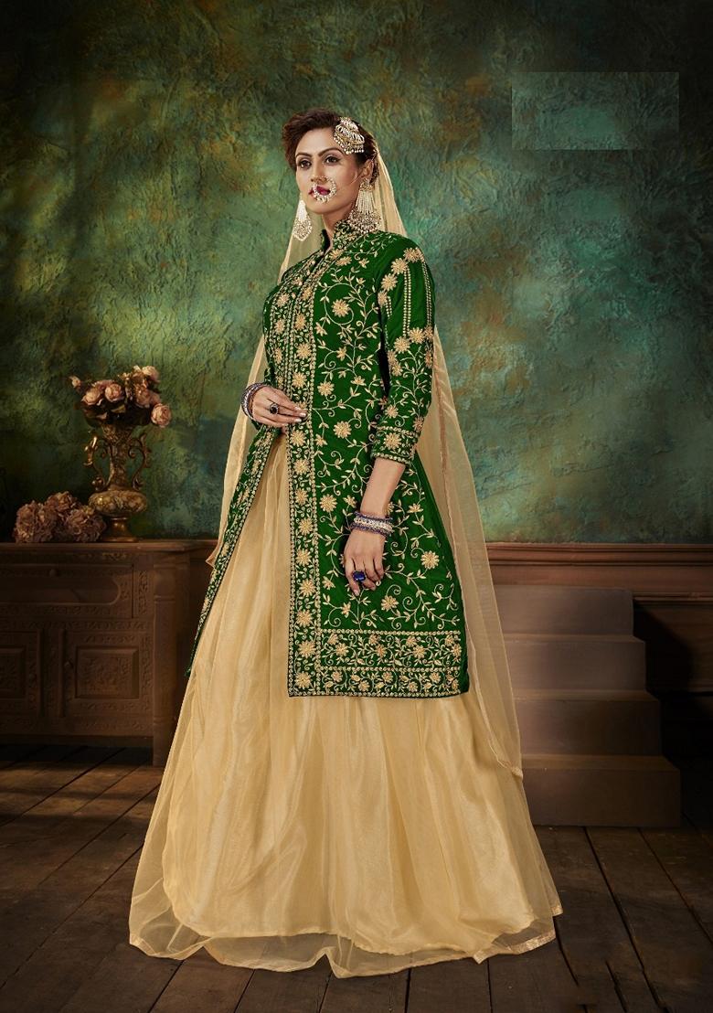 Green Embroidered Velvet Anarkali Set - Indya