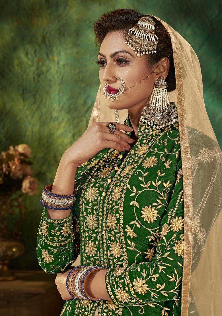 Green Embroidered Velvet Anarkali Set - Indya