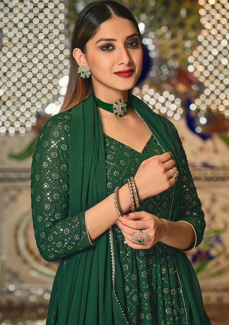 Green Embroidered Georgette Anarkali Gown Set