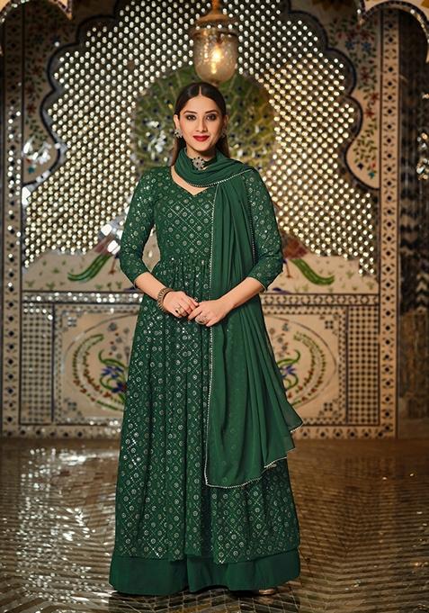 Green Embroidered Georgette Anarkali Gown Set