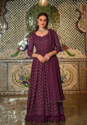Wine Embroidered Georgette Anarkali Gown Set