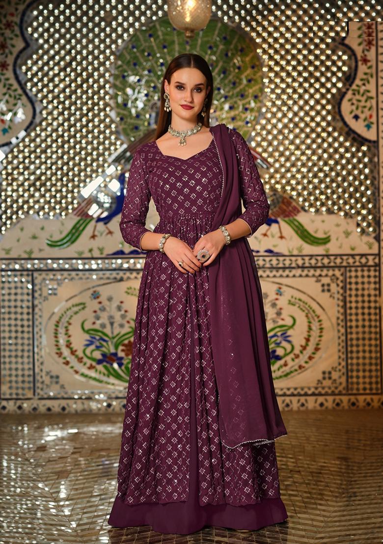 Wine Embroidered Georgette Anarkali Gown Set