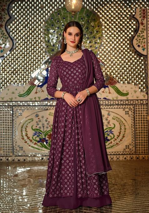 Wine Embroidered Georgette Anarkali Gown Set