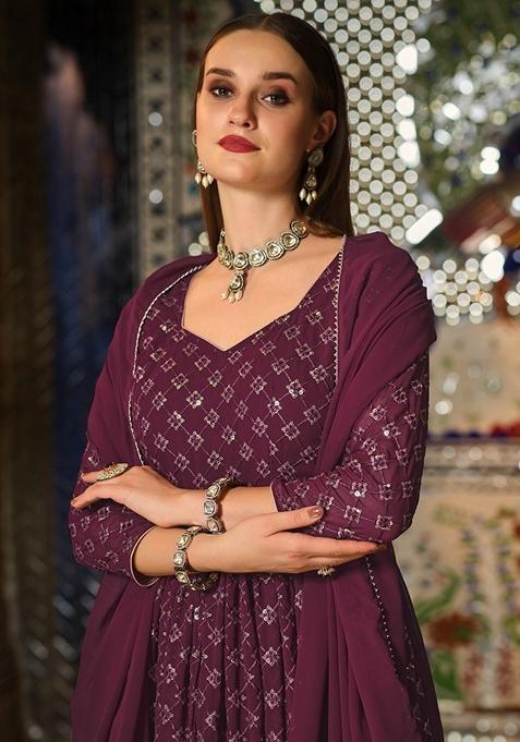 Wine Embroidered Georgette Anarkali Gown Set