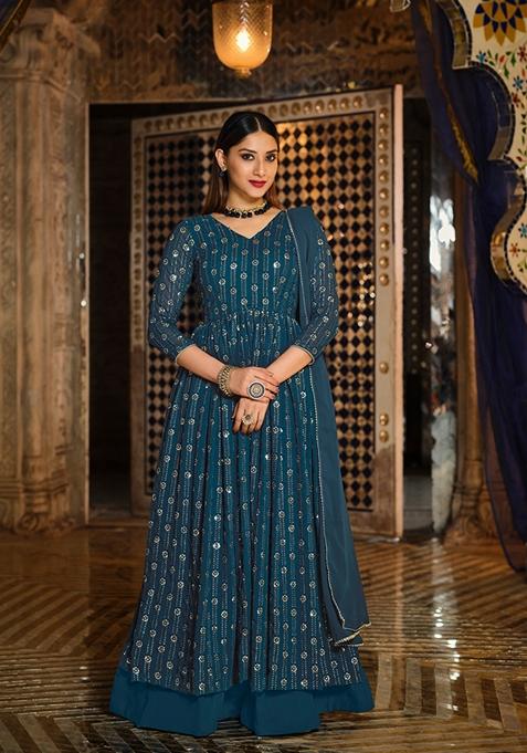 Rama Blue Embroidered Georgette Anarkali Gown Set