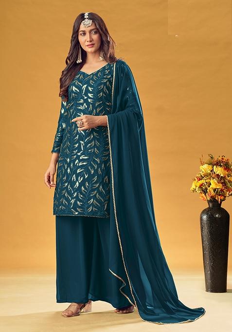 Rama Blue Embroidered Georgette Kurta Set